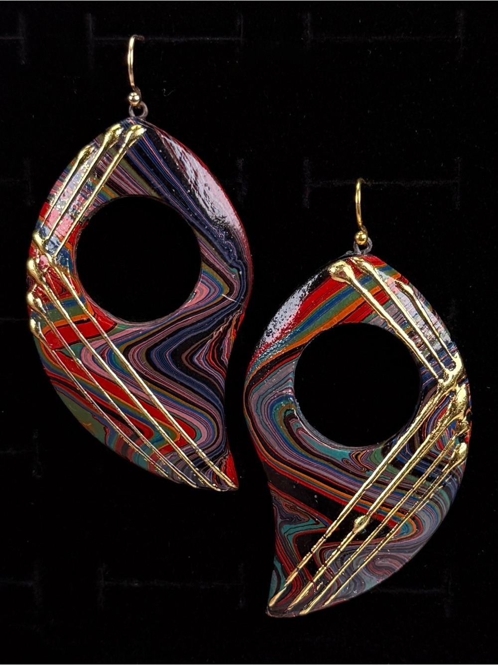 Oversized Wood Pierced Earrings Multicolor Abstract Swirl Gold Tone Dangle